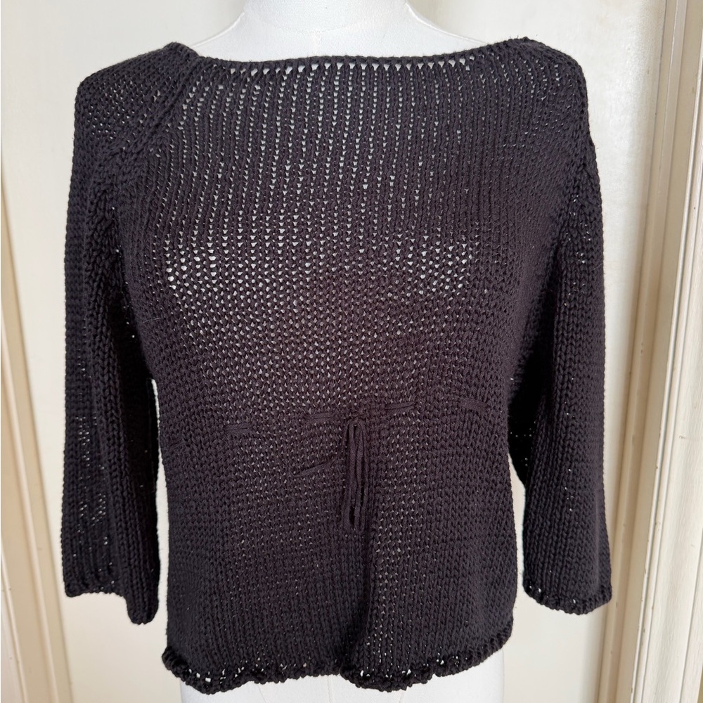 BOZ International Crochet Knit Sweater Lightweight Boho Cropped Tie Waist L